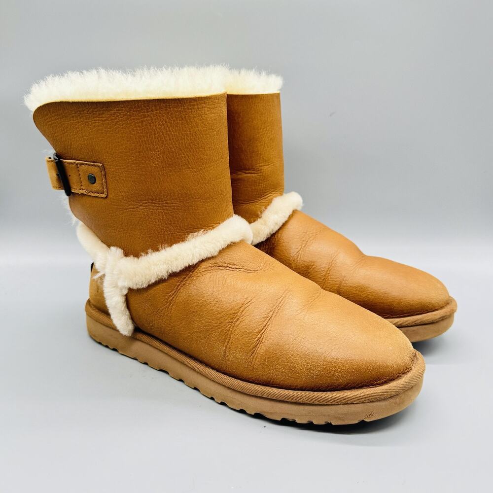 UGG Boots Womens 9 Brown Leather Mid Calf Shearling Buckle Fur Trim Winter Shoes - Picture 2 of 10